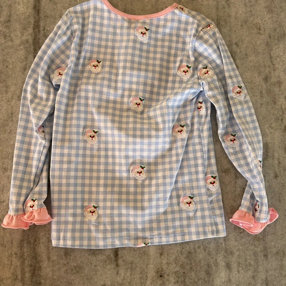 Smocked Flamingo Pink & Blue Gingham Ruffle Santa Pajama Set Size 6